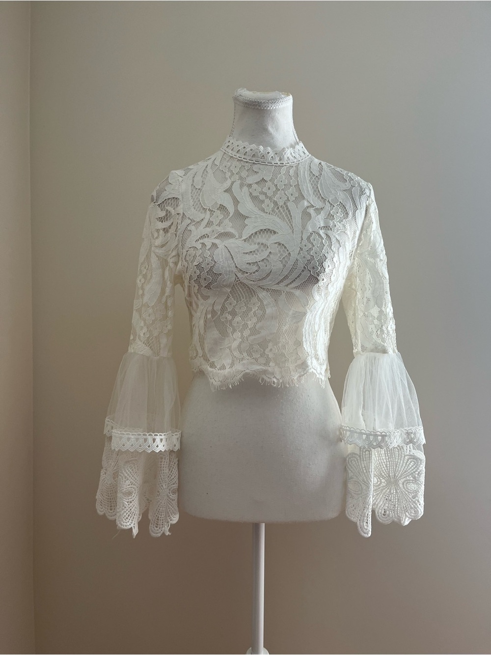 Fashion Nova Ivory Lace High-Neck Bell Sleeve Blouse